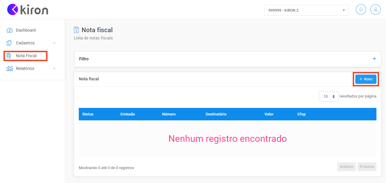 Demonstração do 1º passo para emitir NF-e: Destacando em vermelho na aba "Nota Fiscal" e "+novo" que devem ser clicadas