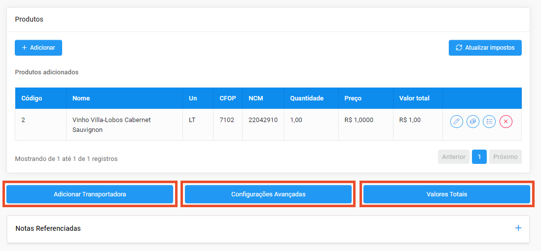 Demonstração do 5º passo para emitir NF-e: Destaque em vermelho dos botões "Adicionar Transportadora", "Configurações Avançadas" e "Valores Totais".