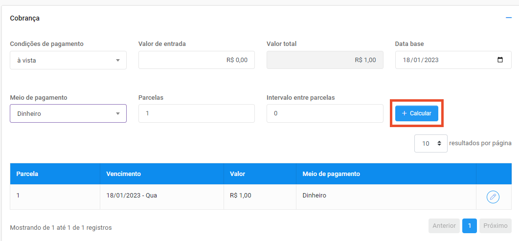 Demonstração do 7º passo para emitir NF-e: Ilustração tela de Cobrança e destaque em vermelho do botão "+Calcular".