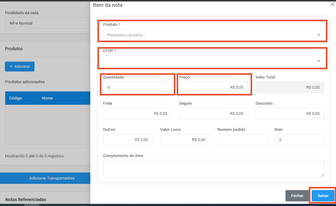 Demonstração do 4º passo para emitir NF-e: Destacando os campos necessários para preencher os itens da nota, sendo obrigatórios os campos "produto", "CFOP", "Quantidade" e "Preço".
